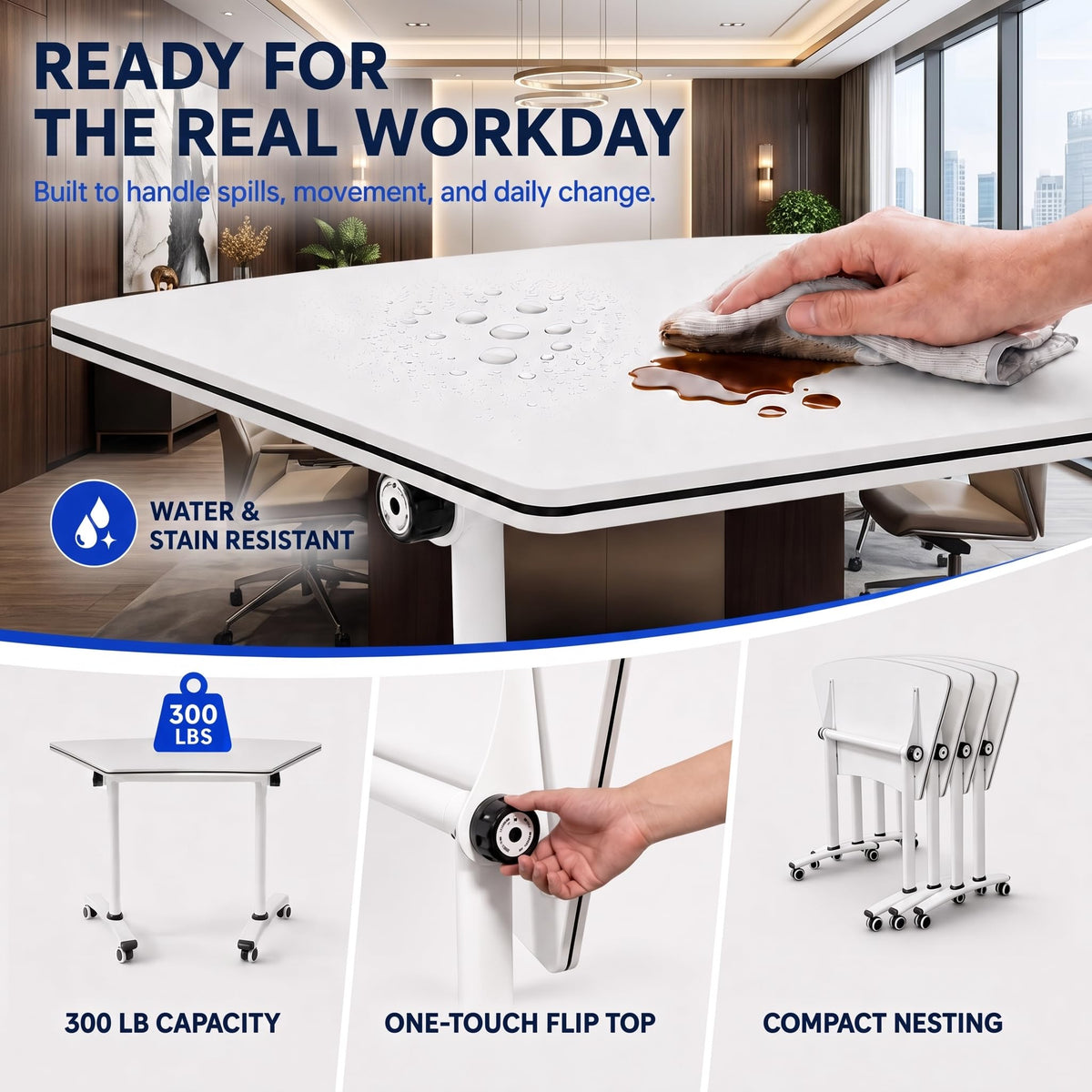 Folding Round Conference Table with Wheels, Flip Top Training Desk, 360° Lockable Casters, Stackable Nesting Mobile Seminar Table for Office Classroom,White,40in,10