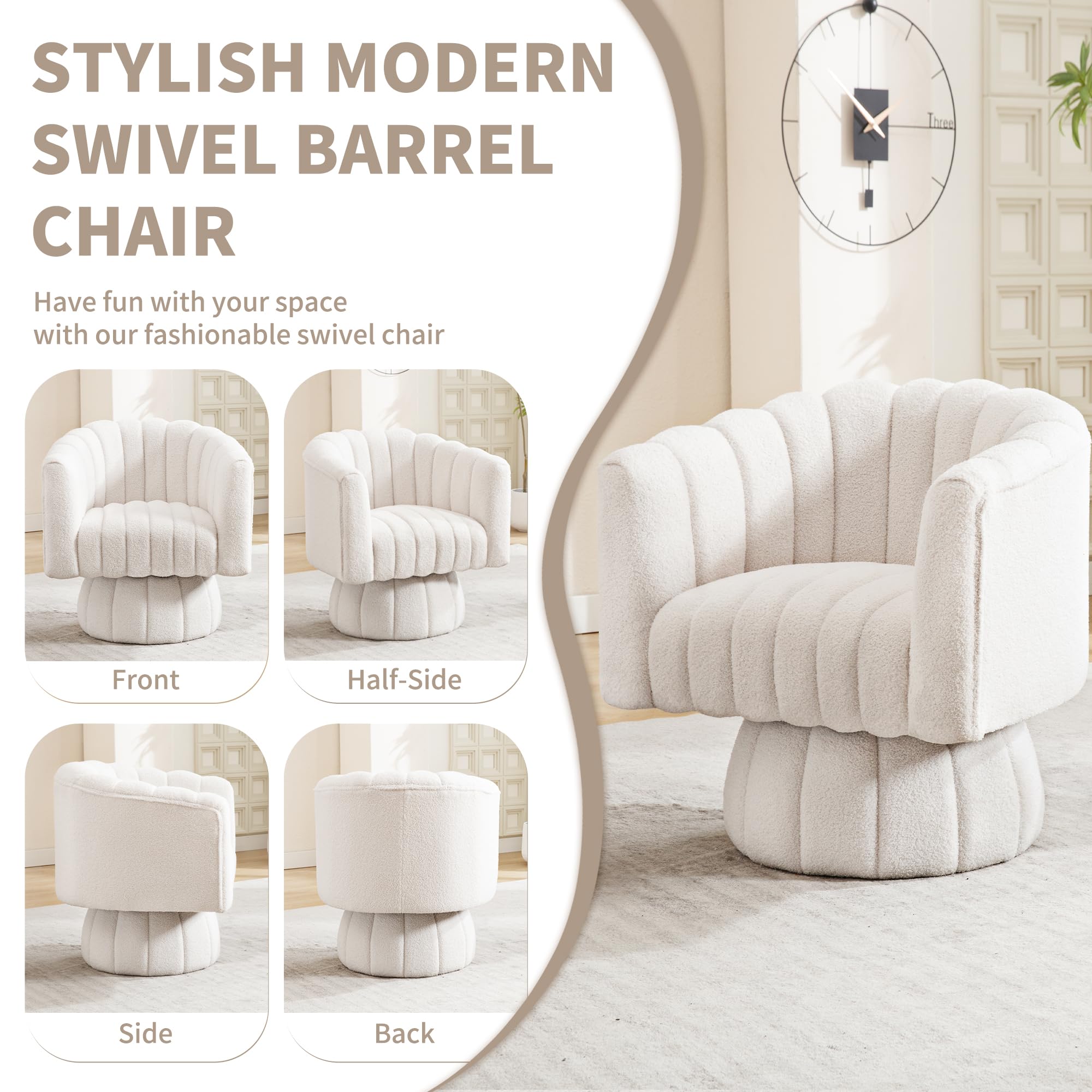 Swivel Accent Barrel Chair - Cute Comfy Small Round 360° Arm Chair Velvet Sofa Club Reading Chair for Office Living Room Bedroom White