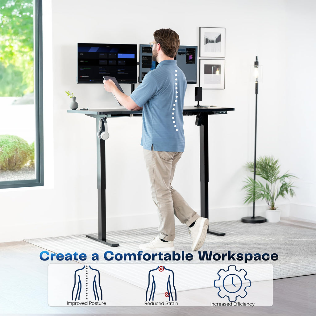 Electric 55 x 28 in Standing Desk, Memory Height Adjustment, 1B Series, Holds 220 lbs, One-Piece Black Top, Black Frame