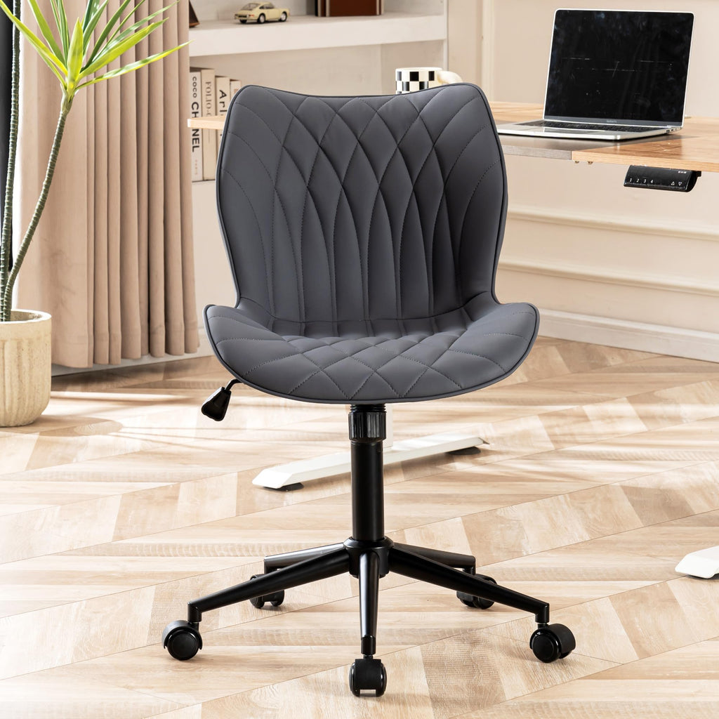 Armless Desk Chair Comfy Office Chair with Wheels HomeTask Chair Adjustable Computer Chairs Modern PU Leather Swivel Chairs Upholstered Makeup Vanity Chair(Grayish Purple)