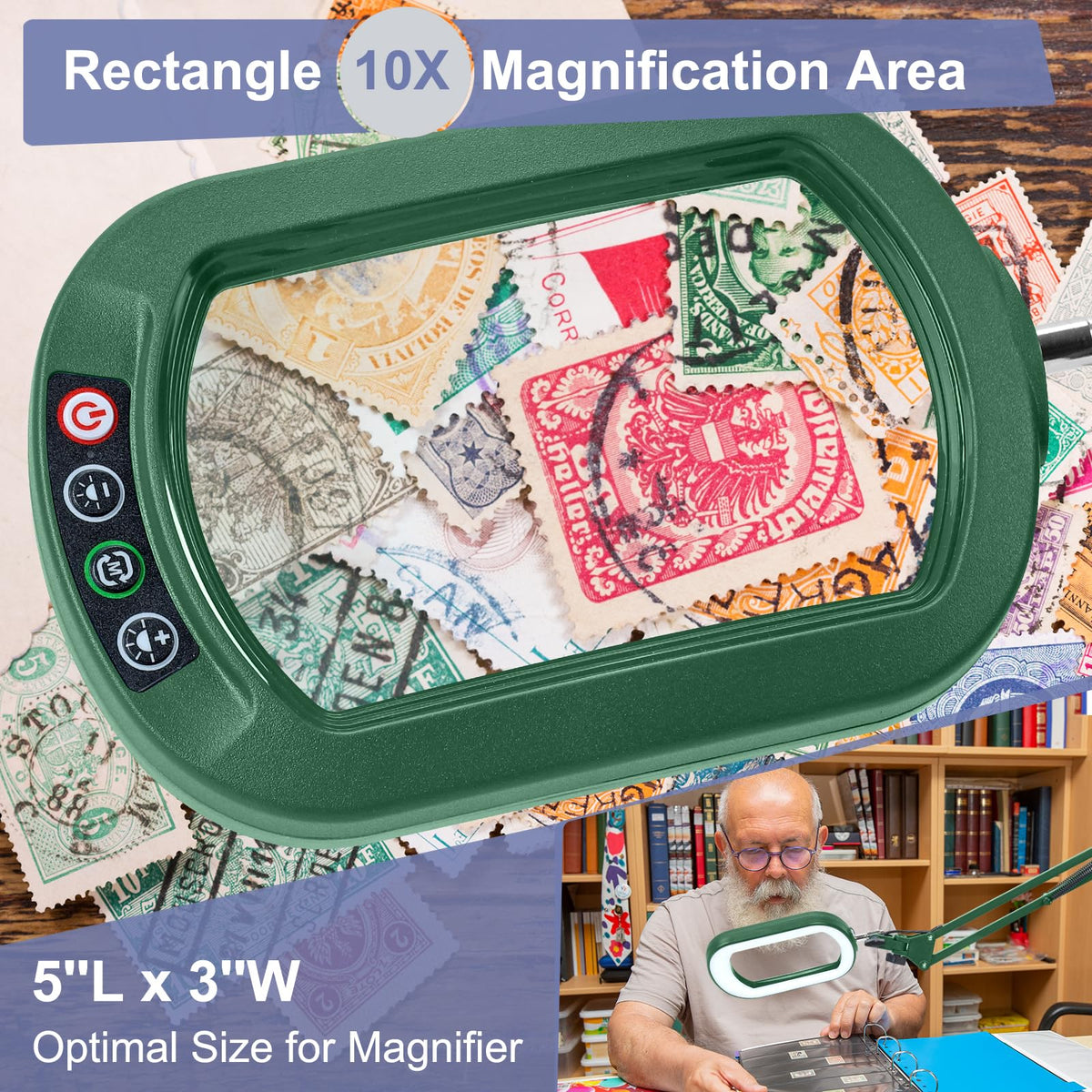 14.35" Large Magnifying Glass with Light and Clamp, Real Glass, 5 Color Modes, Stepless Dimmable, Lighted Magnifier with Stand Hands Free, LED Swing Arm Desk Lamp for Close Work, Craft, Green
