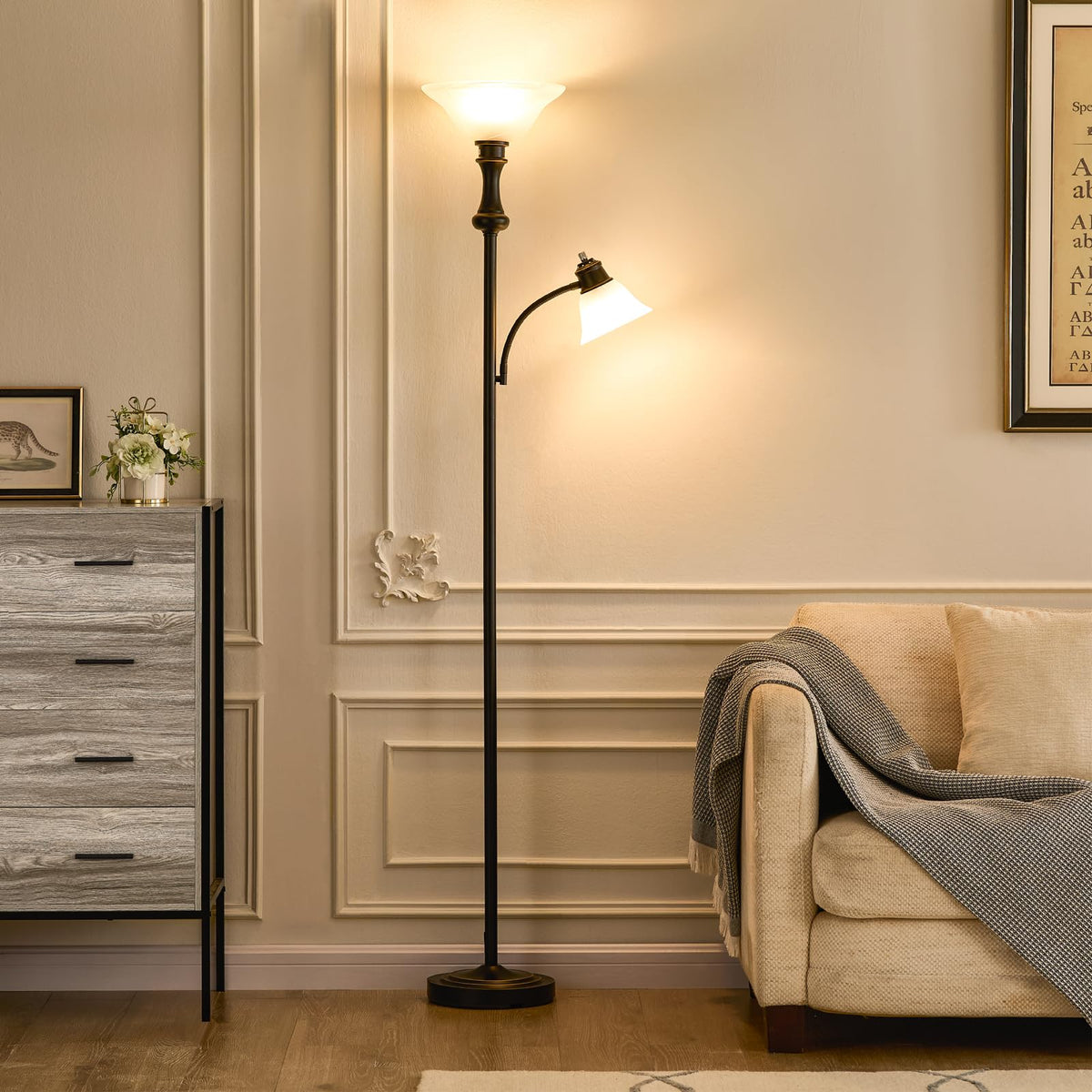 Torchiere Floor Lamp with Adjustable Angle Reading Lamp-Black 71IN