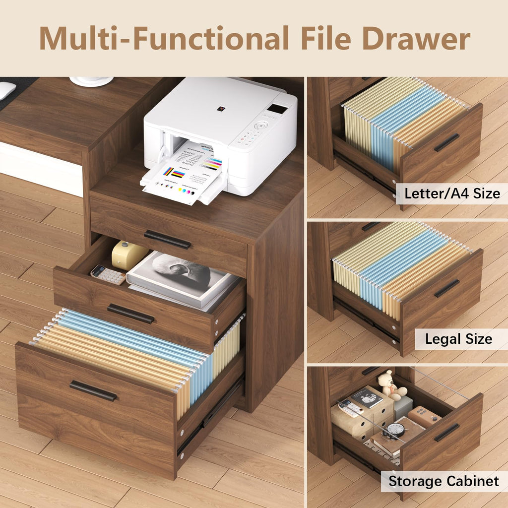 Computer Desk with 3 Drawers & Storage Shelves, 65 Inch Home Office Desk with File Drawer & Cabinet, Writing Study Desks with Monitor Stand & Printer Shelf, Executive Desk, Brown