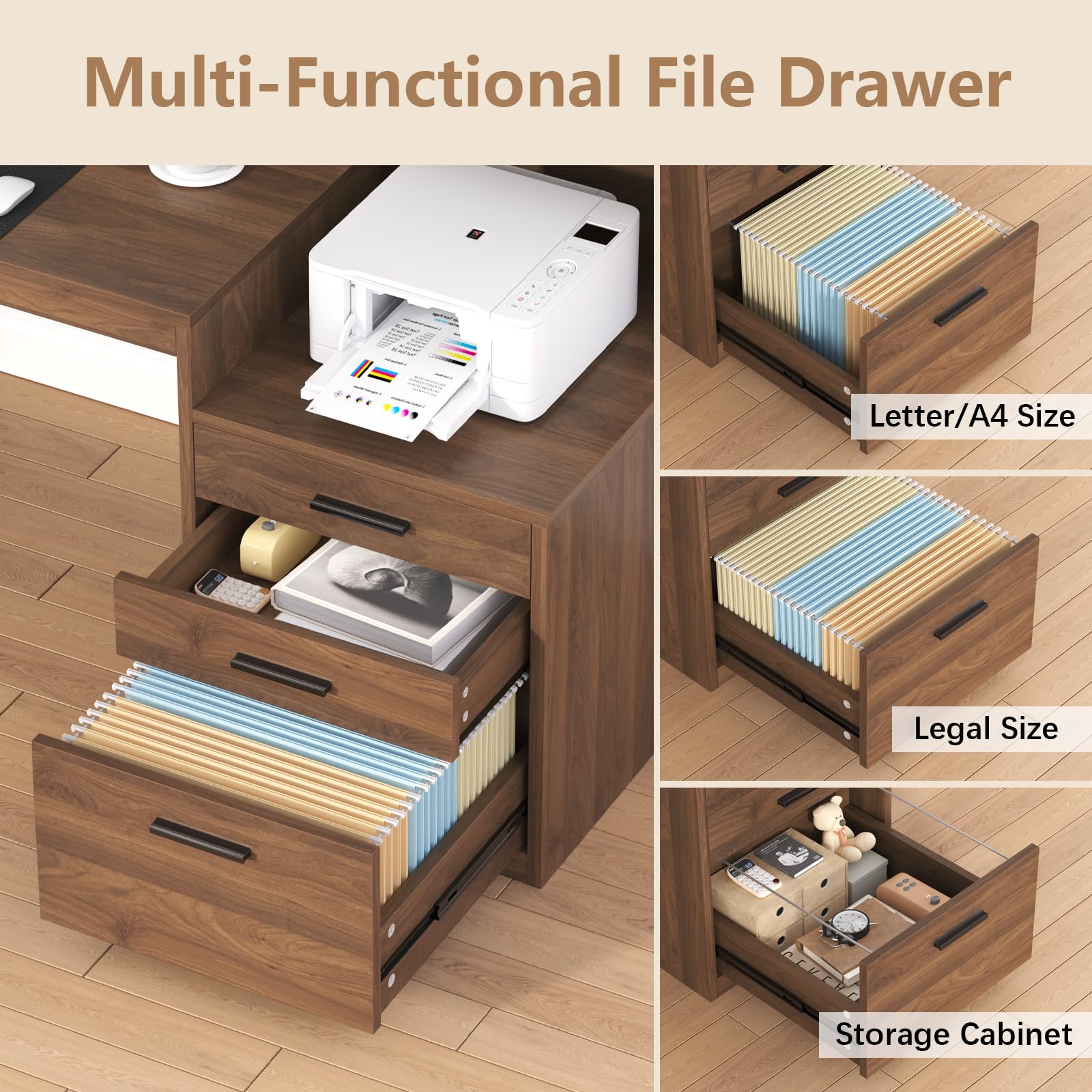 Computer Desk with 3 Drawers & Storage Shelves, 65 Inch Home Office Desk with File Drawer & Cabinet, Writing Study Desks with Monitor Stand & Printer Shelf, Executive Desk, Brown