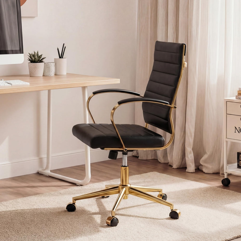Gold Office Desk Chair, Ergonomic Leather Modern Conference Room Chairs, Executive Ribbed Height Adjustable Swivel Rolling Golden Chair for Home Office.