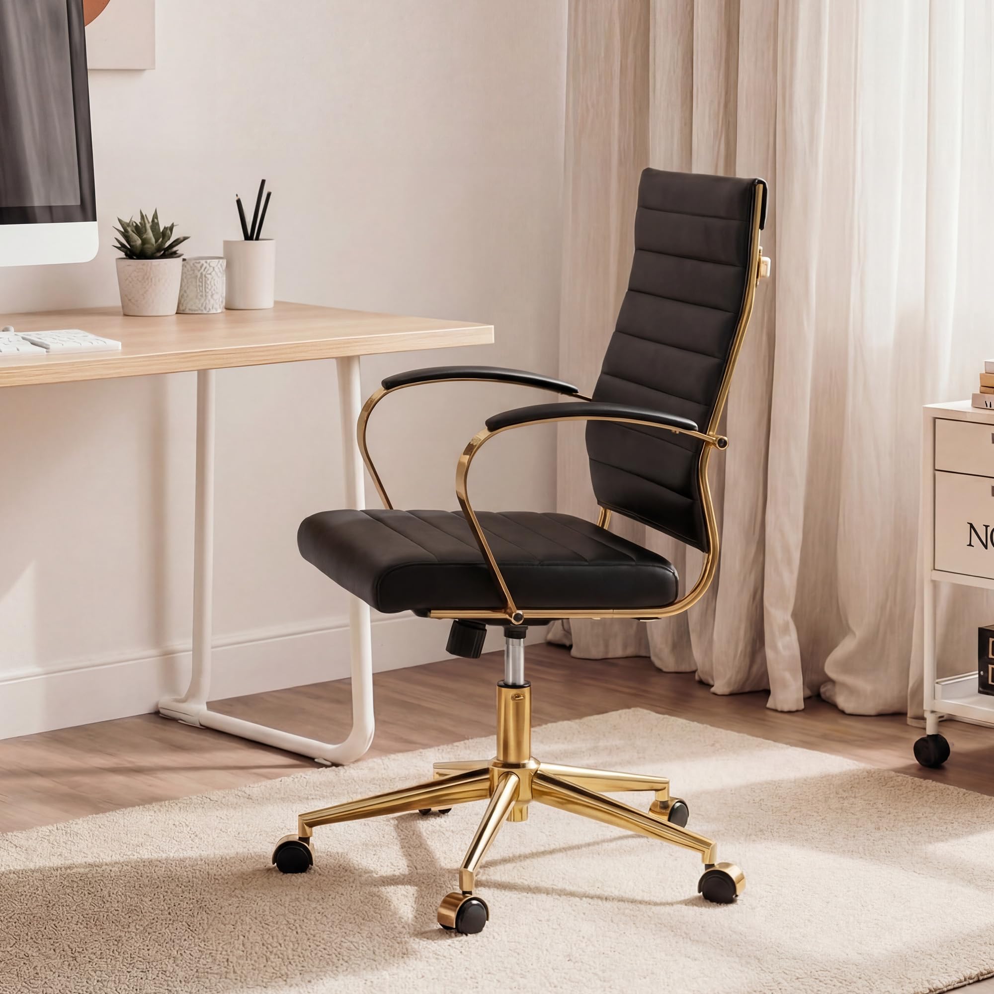 Gold Office Desk Chair, Ergonomic Leather Modern Conference Room Chairs, Executive Ribbed Height Adjustable Swivel Rolling Golden Chair for Home Office.