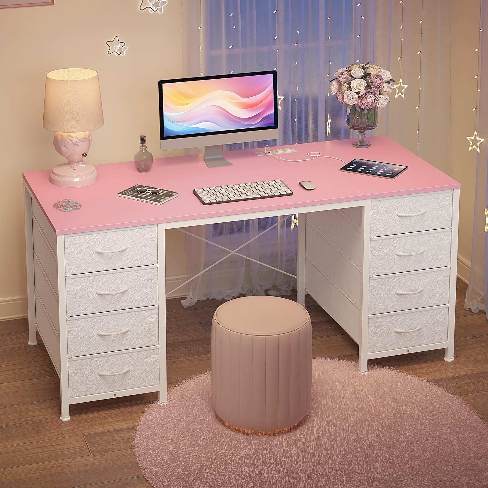 50 Inch Computer Desk with 8 Drawers, Home Office Desk with Power Outlets, Work Study Gaming Desk with 8 Fabric Drawers, Pink