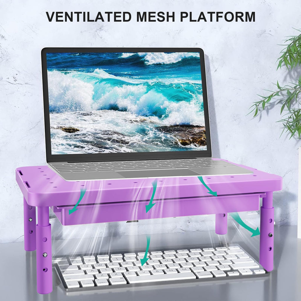 Computer Monitor Stand with Storage, Desk Monitor Riser 3 Height Adjustable, Laptop Riser with Airflow Vents, Desk Organizer for Computer, Laptop, Printer (PTT002-V), 1 Pack, Violet