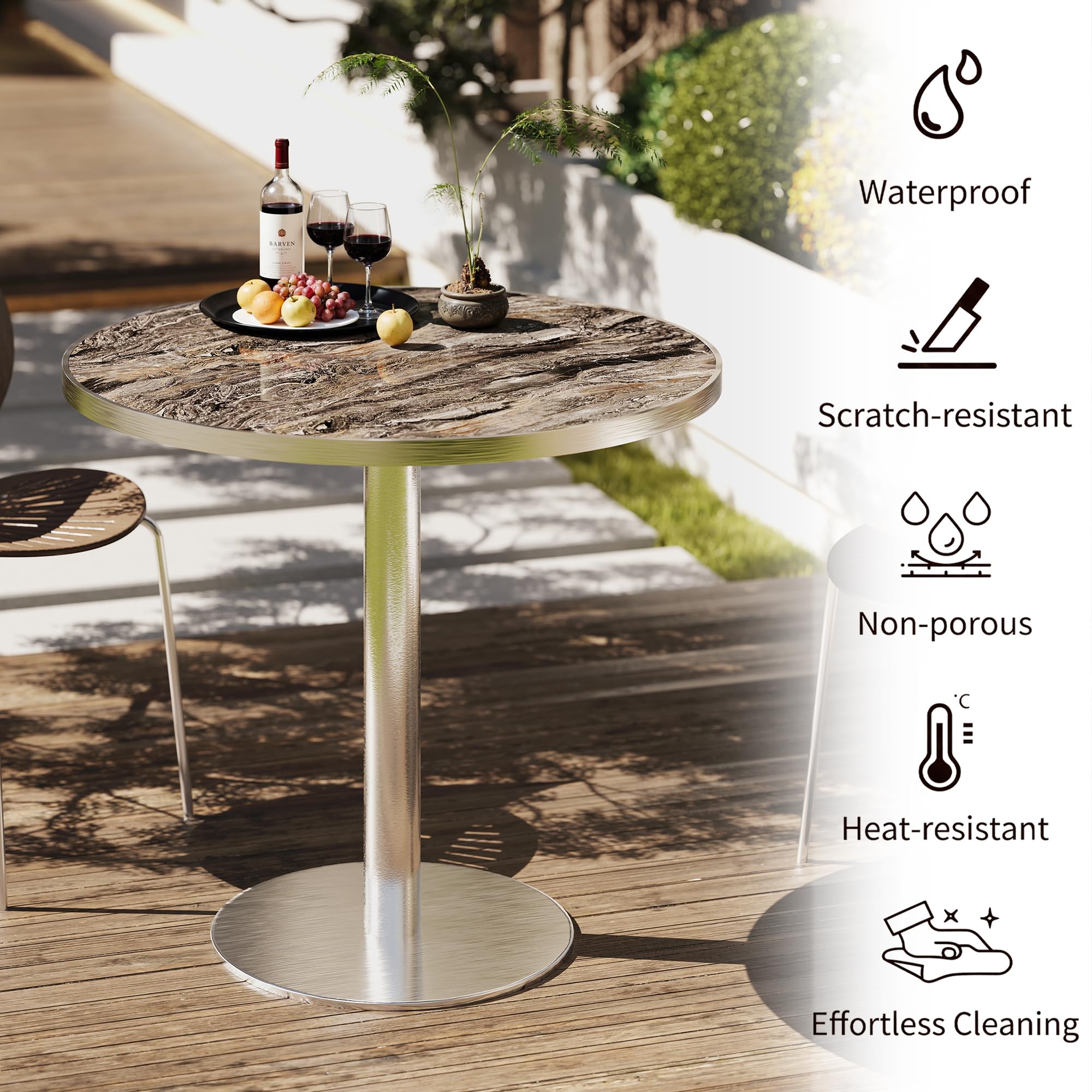 hausway 31.5" Tulip Table,Round Kitchen Dining Table for 2-4 with Thick Sintered Stone Top,Titanium Golden Pedestal Base,Heat-Resistant,Bistro Table for Dining Room,Café,Small Space（Dusk Strata）