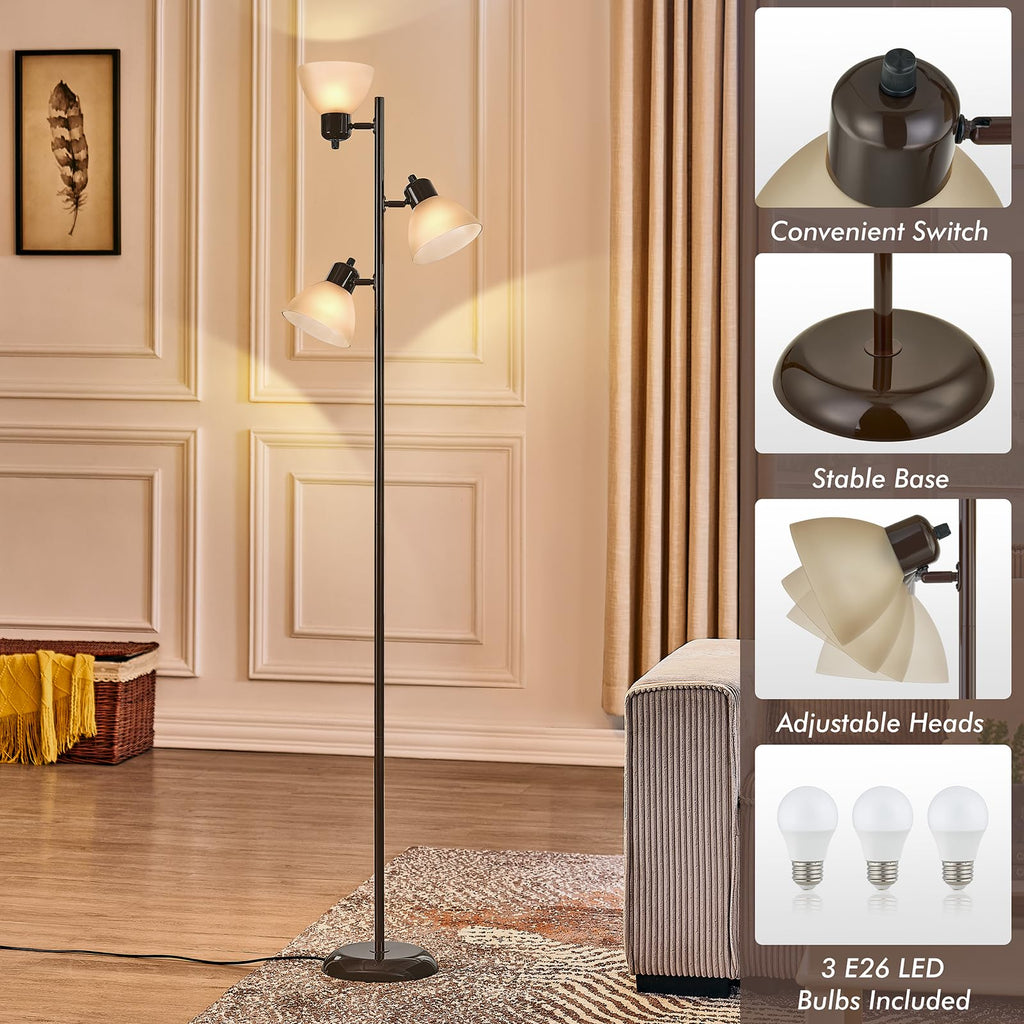 Modern Tree Floor Lamp for Living Room Bedroom, Tall Pole Standing Lamps with 3 Adjustable Rotating Heads for Office, Decor Corner, Reading Indoor, 3 Bright Lights LED Bulbs Included (Brown)