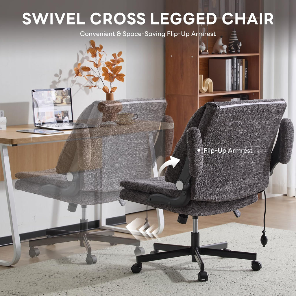 Criss Cross Office Chair with 2 in 1 Inflatable Flip-up Back, Ergonomic Wide Seat Desk Chair with Adjustable Arms and Wheels, Cross Legged Office Chair for Home & Office, Gray