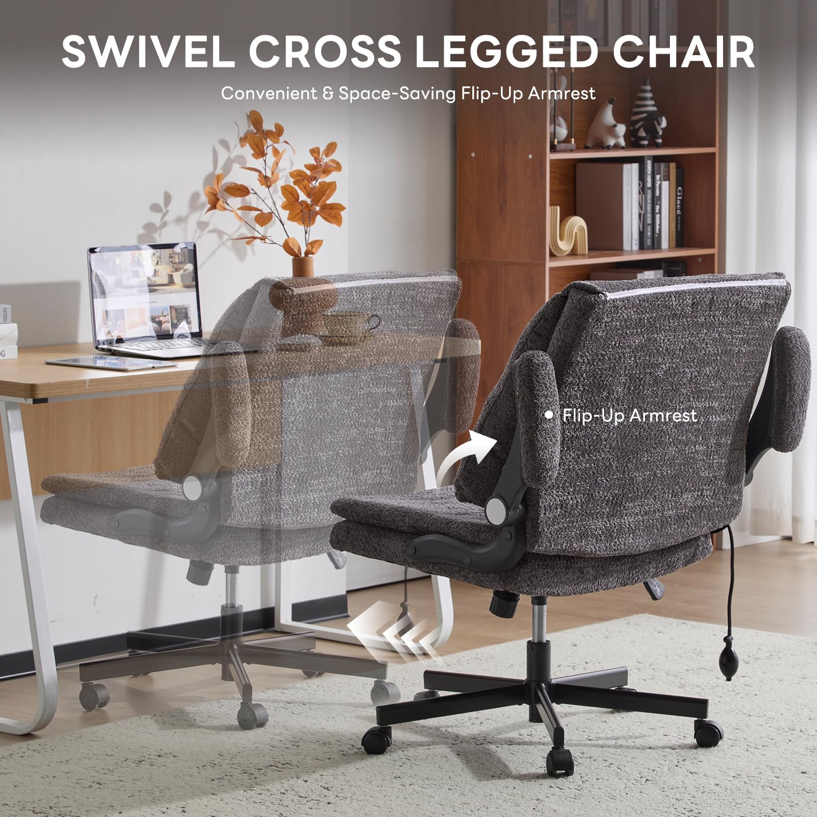 Criss Cross Office Chair with 2 in 1 Inflatable Flip-up Back, Ergonomic Wide Seat Desk Chair with Adjustable Arms and Wheels, Cross Legged Office Chair for Home & Office, Gray