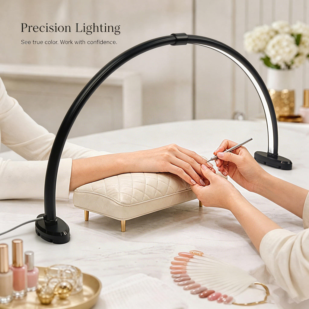 Half Moon Light for Nail Desk,23 Inch Detachable Foldable LED Nail Desk Lamp,3 Modes Color Temperature,0%-100% Stepless Dimming,180°Shadowless Lighting for Nail Art,Eyelash, Makeup,Tattoo(Black)