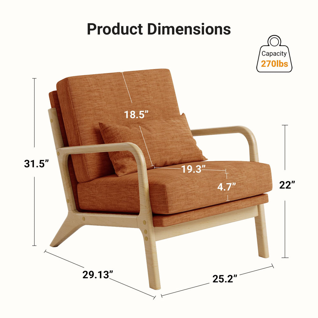 Mid-Century Modern Accent Chair, Armchair with Solid Wood Frame & Lumbar Pillow, Comfy Upholstered Lounge Chair for  Office, Bedroom, Linen-Like Fabric, Orange