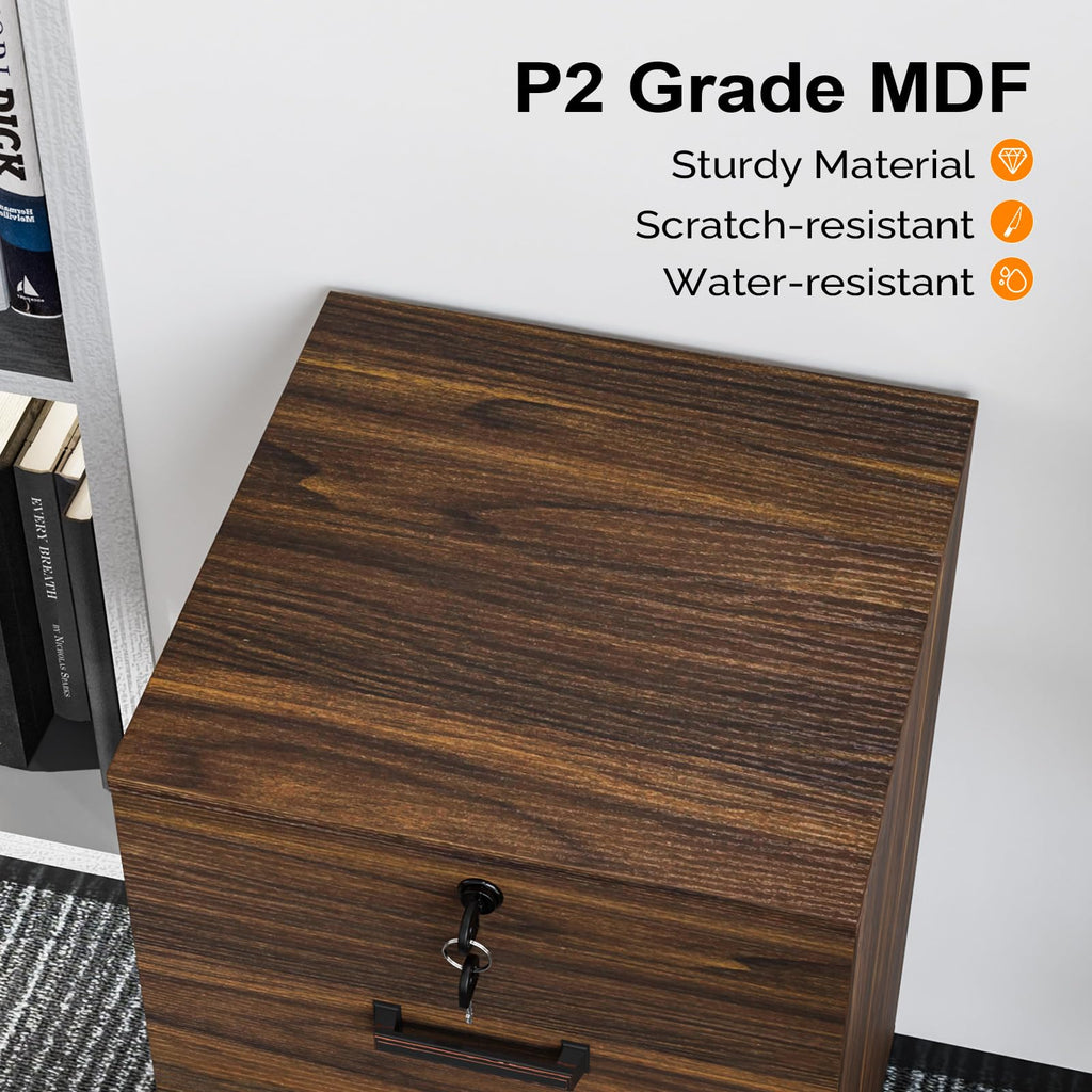 2 Drawer File Cabinet with Lock, Wood Dark Brown File Cabinets for Letter Size File Folders with Tabs, Under Desk Rolling Filing Cabinet for Home Office, Mobile File Organizer Printer Stand