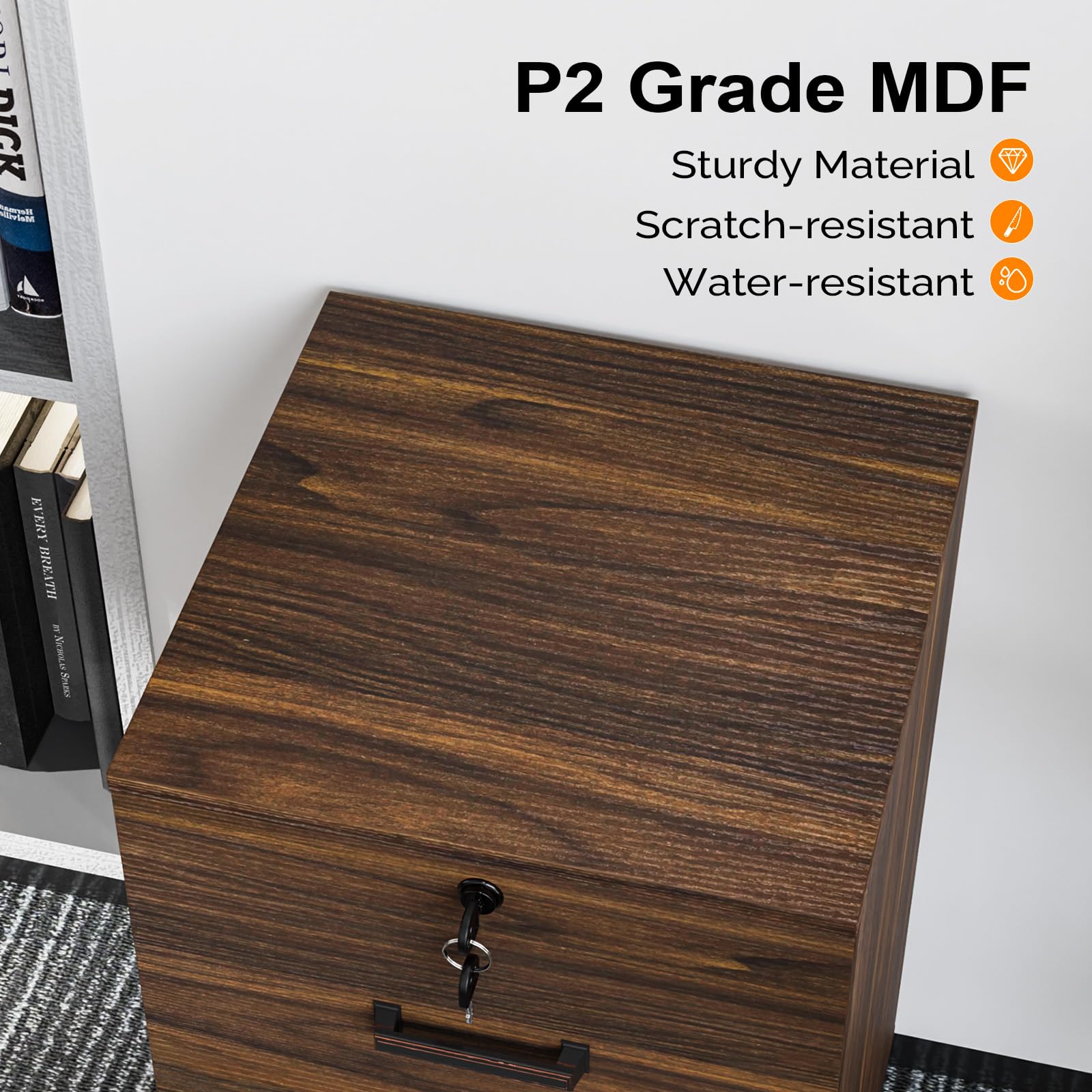 2 Drawer File Cabinet with Lock, Wood Dark Brown File Cabinets for Letter Size File Folders with Tabs, Under Desk Rolling Filing Cabinet for Home Office, Mobile File Organizer Printer Stand