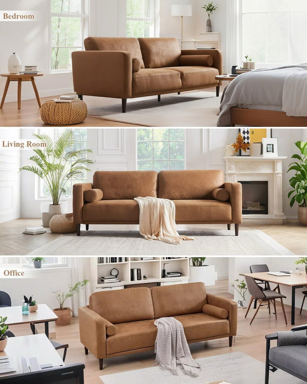 79" Sofa Couches for Living Room Mid-Century Modern Decor Faux Leather Couch with Deep Seat&Cloud Cushions&2 Pillow, 3 Seater Home Sofa Living Room Brown Loveseat for Office, Bedroom, Apartment
