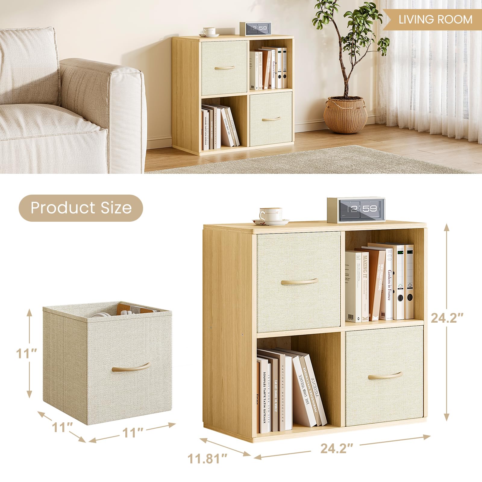 4 Cube Storage Organizer - Solid Wood Bookshelf with 2 Storage Bins, Cube Shelf with 2 Removable Back Panels, Vertical or Horizontal Bookcase, Open Book Shelf for Bedroom, Living Room, Office