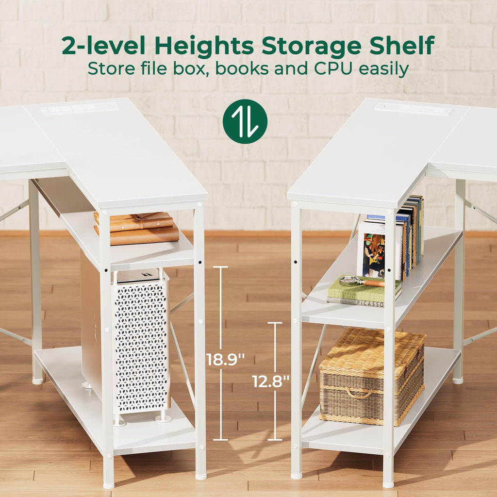 L Shaped Office Desk with Power Outlets, 47 Inch Computer Desk with 3 Drawers, Shelves, for Gaming, Corner Work, Home Office, Study, White