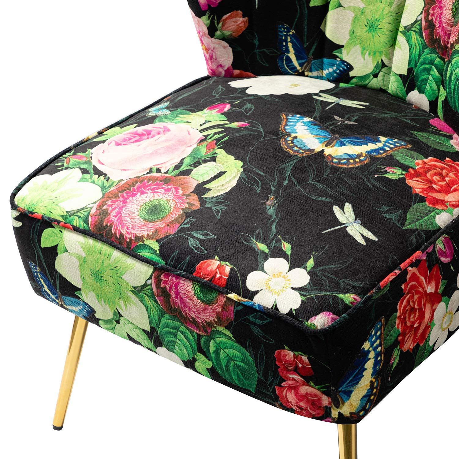 Armless Accent Chair with Gold Metal Legs, Comfy Tufted Floral Fabric Living Room Chair Wingback Small Side Chair, Upholstered Slipper Chair for Bedroom, Reading Room (Print Flower, BLACK)