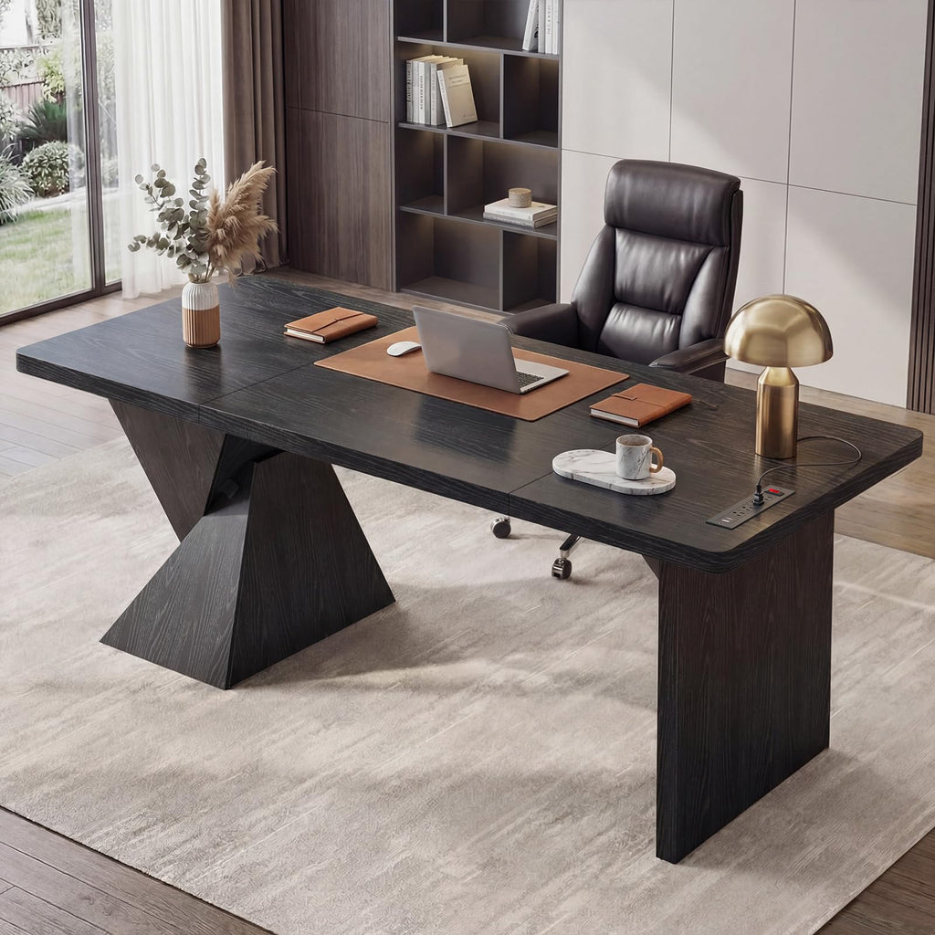 70.9 Inch Executive Desk with Power Outlet, Large Home Office Desk, Modern Aesthetic Computer Writing Table Workstation Business Furniture,Black