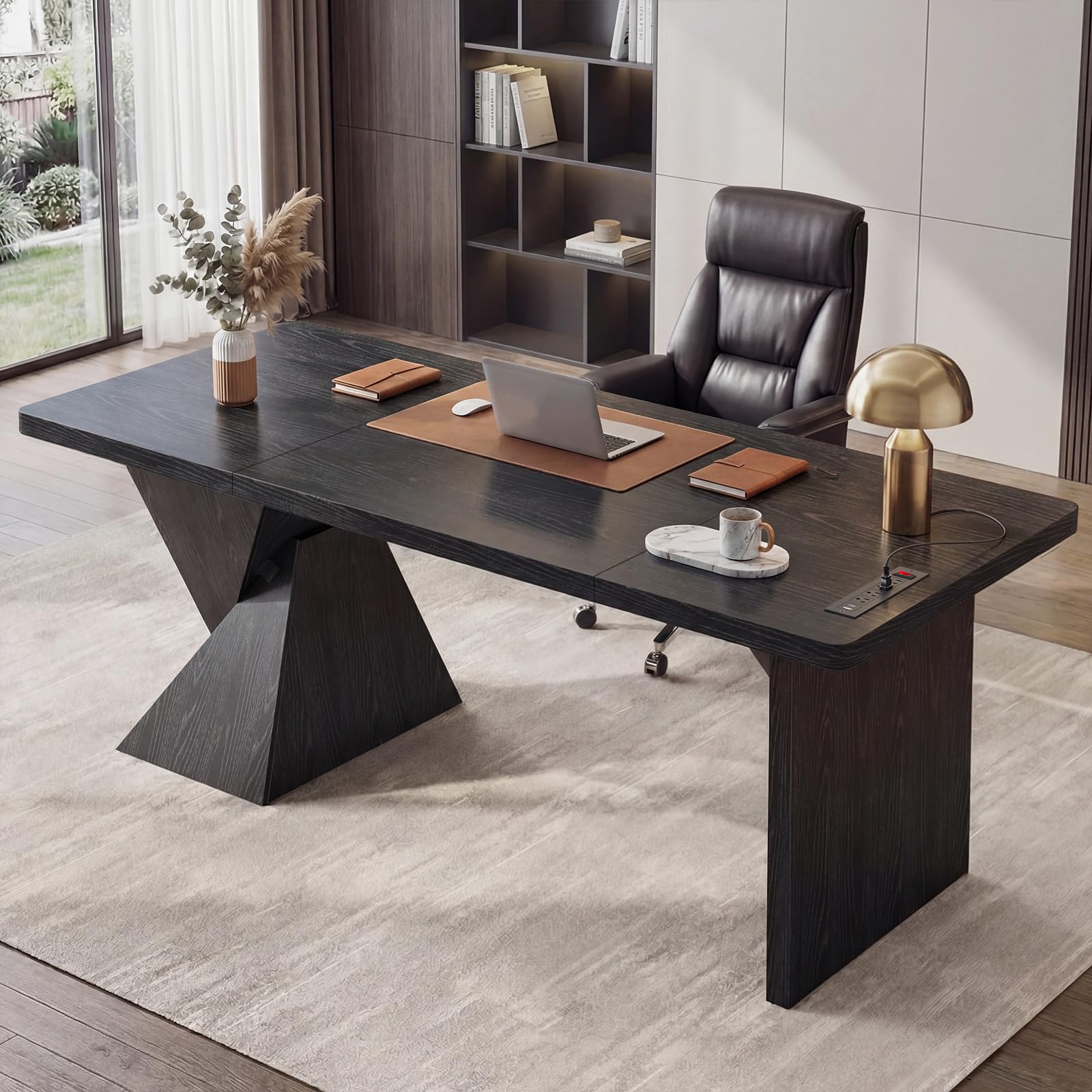 70.9 Inch Executive Desk with Power Outlet, Large Home Office Desk, Modern Aesthetic Computer Writing Table Workstation Business Furniture,Black