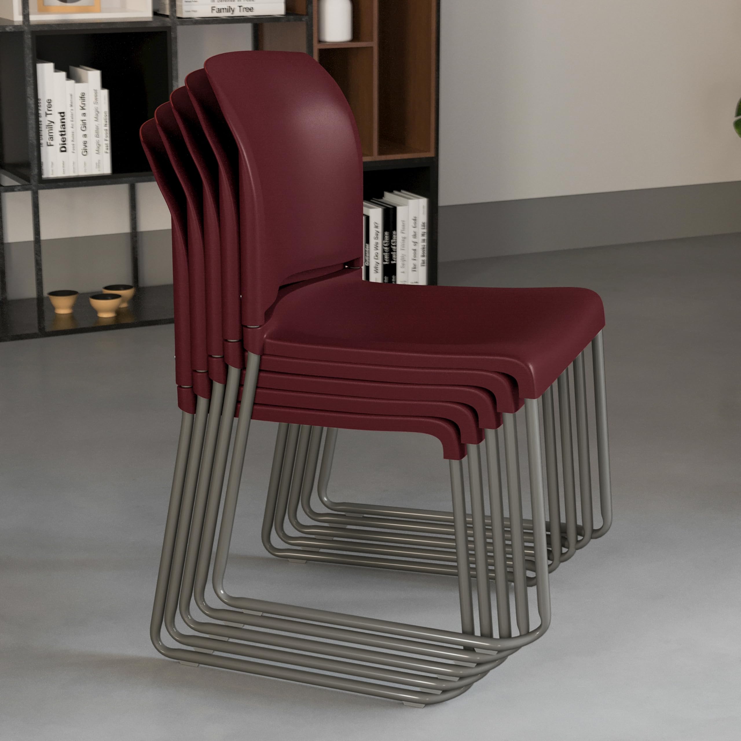 HERCULES Series 880 lb. Capacity Burgundy Full Back Contoured Stack Chair with Gray Powder Coated Sled Base