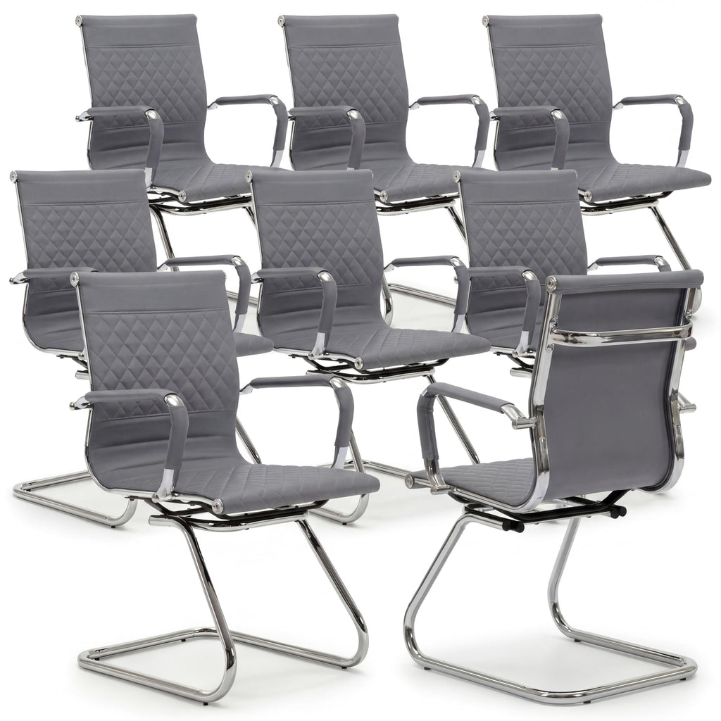 Office Chairs Set of 8 - PU Leather Desk Chair No Wheels with Arms - 400LB Capacity Sled Base Waiting Room Chairs, Modern Conference Chair for Home Office, Lobby, School Grey