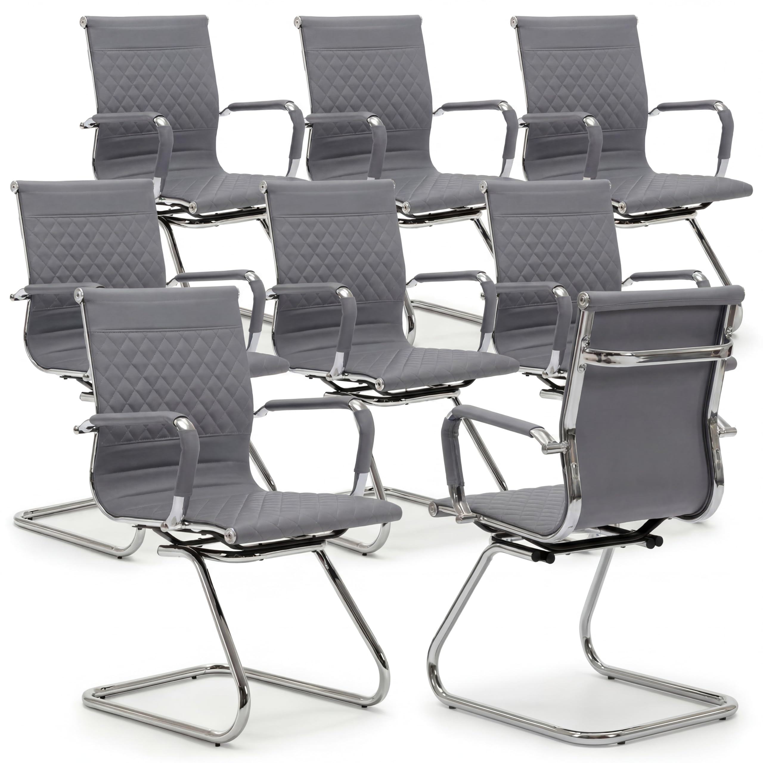 Office Chairs Set of 8 - PU Leather Desk Chair No Wheels with Arms - 400LB Capacity Sled Base Waiting Room Chairs, Modern Conference Chair for Home Office, Lobby, School Grey