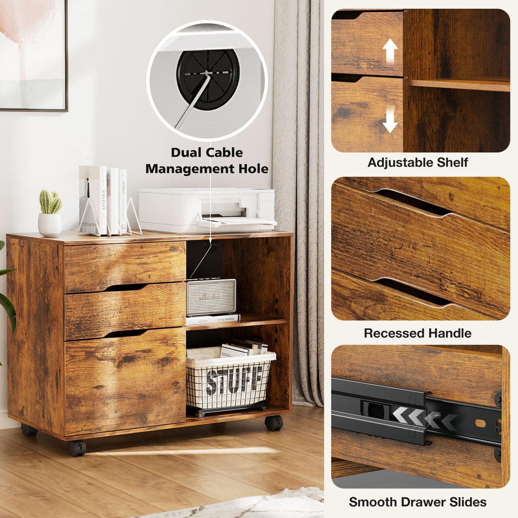 File Cabinet with 3 Drawers, Wood Under Desk Storage Printer Stand