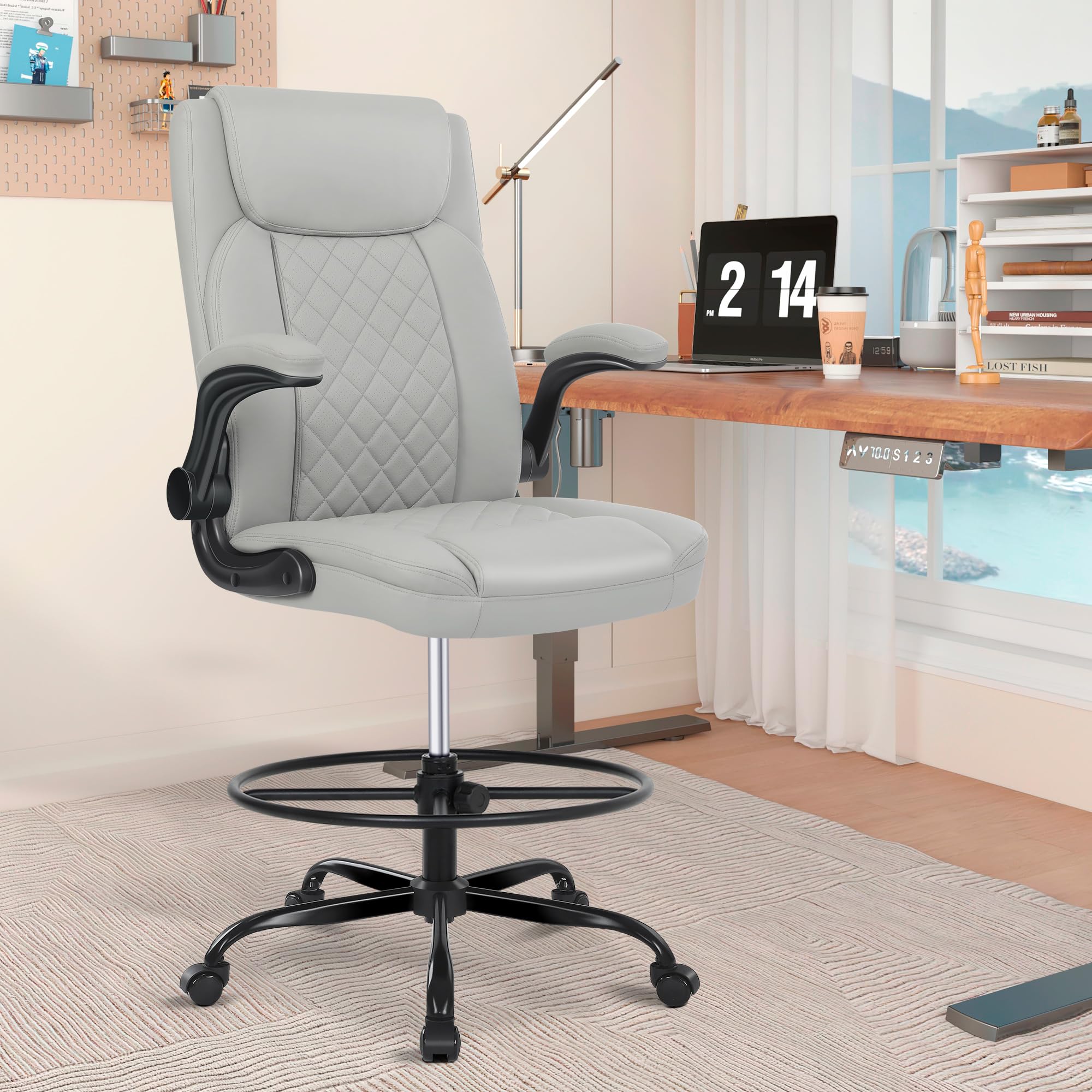 Drafting Chair, Tall Office Chair for Standing Desk, Standing Chair with Adjustable Height and Flip-up Armrest, Leather Drafting Chair, High Office Chair for Counter Height Desk