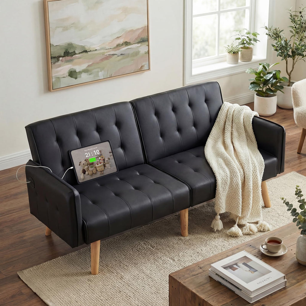Faux Leather Convertible 65'' Folding Futon Sofa Bed w/ 2 USB, Loveseat for Small Space, Office, Apartment, Dorm, Living Room, Black