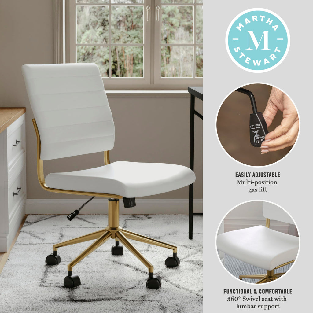 Armless Swivel Task Chair for Home Office in White Faux Leather with Polished Brass Frame