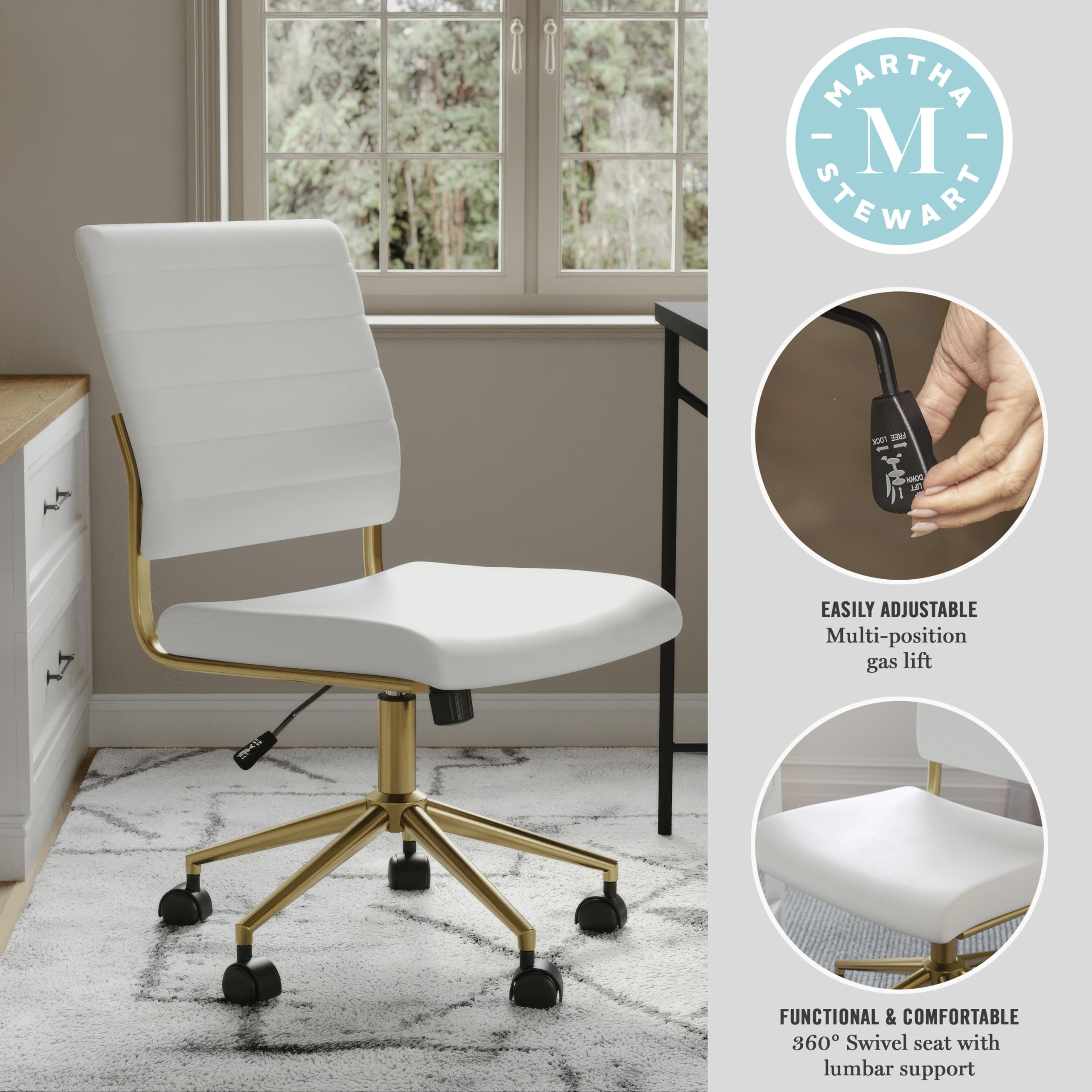 Armless Swivel Task Chair for Home Office in White Faux Leather with Polished Brass Frame