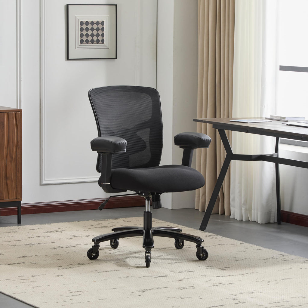 500LBS Big and Tall Office Chair with 4D Armrests & Adjustable Backrest, Heavy Duty Office Chair for Heavy People, Memory Foam Seat Filling Springs, Black