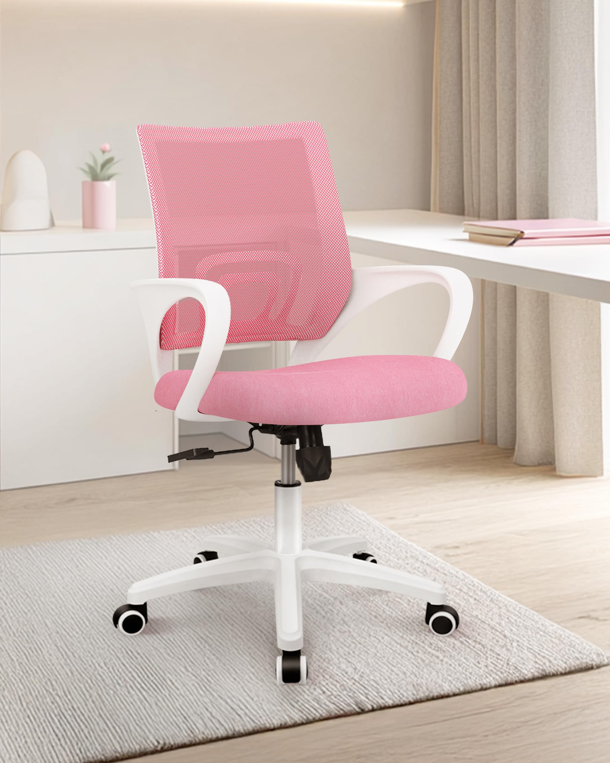 Office Desk Computer Chair Ergonomic Mesh Gaming Cushion Seat with Comfy Lumbar Mid Back Support Adjustable Height Swivel Rolling Wheels for Home Task (Pink)