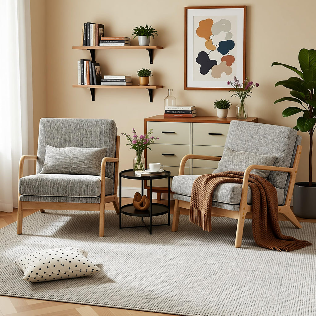 Mid-Century Modern Accent Chair, Armchair with Solid Wood Frame & Lumbar Pillow, Comfy Upholstered Lounge Chair for Office, Bedroom, Linen-Like Fabric, Dark Gray