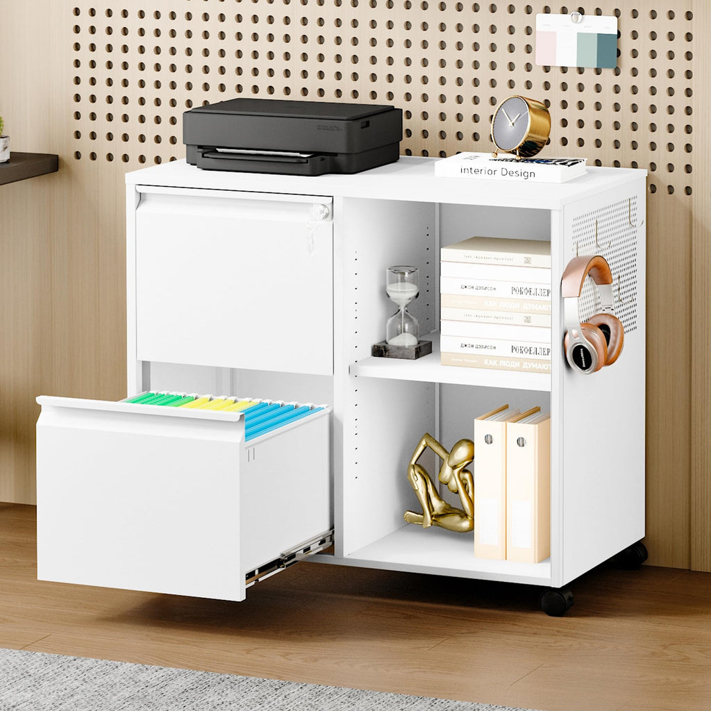 Metal 2 Drawer File Cabinet with Side Hook, Lockable Lateral Filing Cabinet for Letter/A4/Legal Size Files,Rolling Printer Stand with Adjustable Shelf & Lockable Wheelss for Home Office(White)