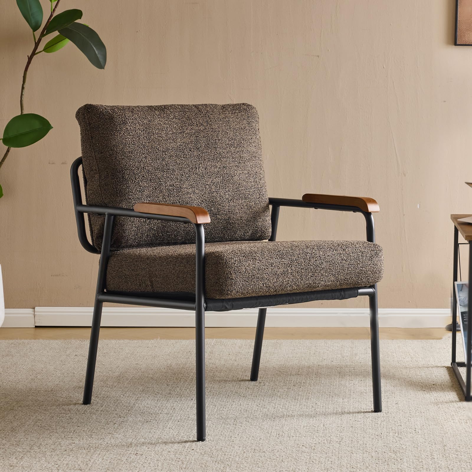 Mid-Century Modern Accent Armchair for Office, Small Comfy Upholstered Leisure Reading Chair with Wood Armrest for Office, Bedroom, Living Room, Waiting Room, Linen Expresso