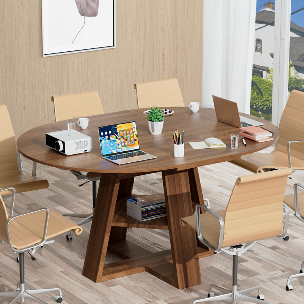 43.3in-59in Extendable Round Conference Table for 4-6 People,Wooden Oval Meeting Room Table with Removable Leaves,Space Saving,Office Table with Storage Shelf for for Office Conference Room