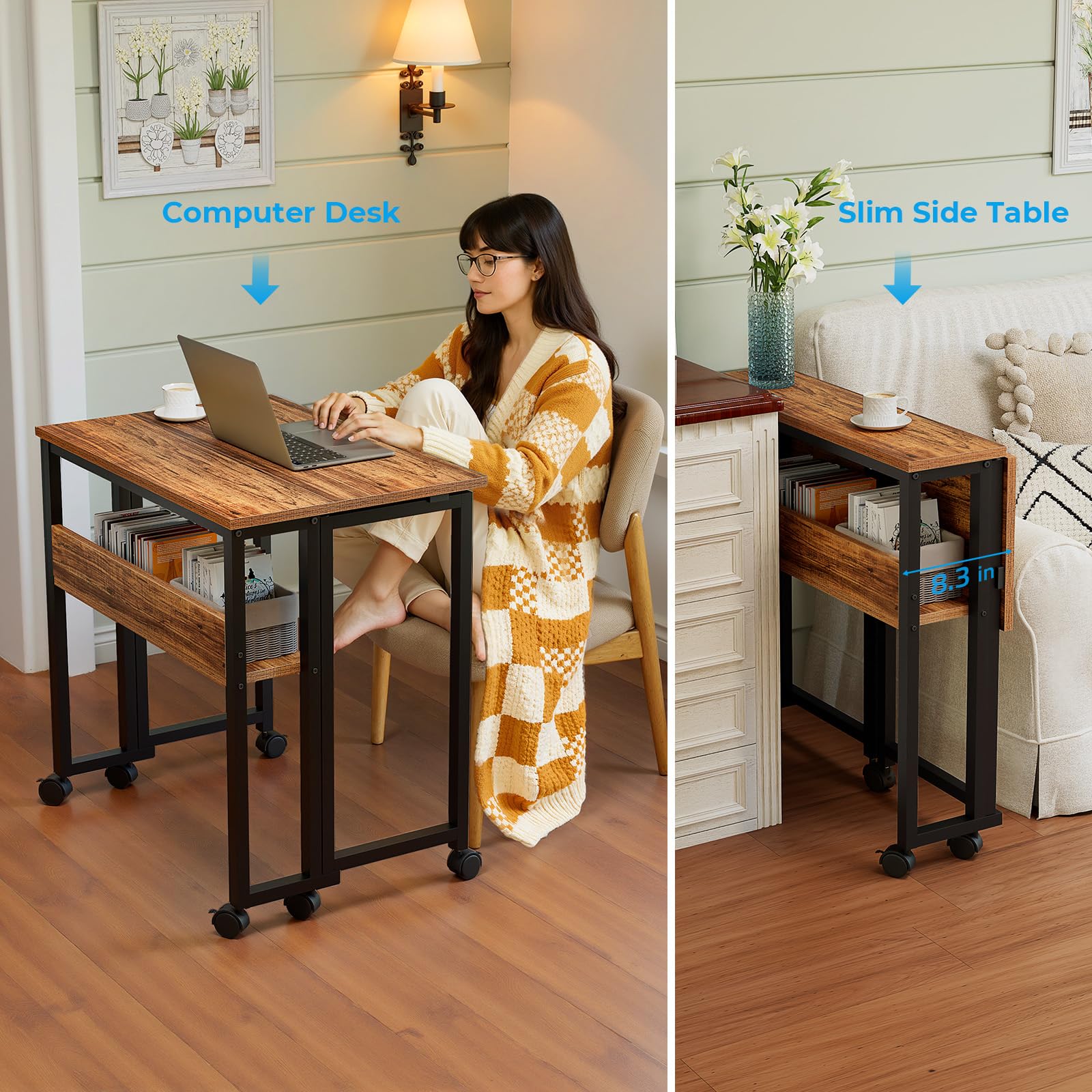 Folding Desk with Wheels, 31.5 Inch Compact Rolling Computer Table with Storage Shelf, Portable Mobile Workstation for Small Spaces, Easy Assembly, Walnut