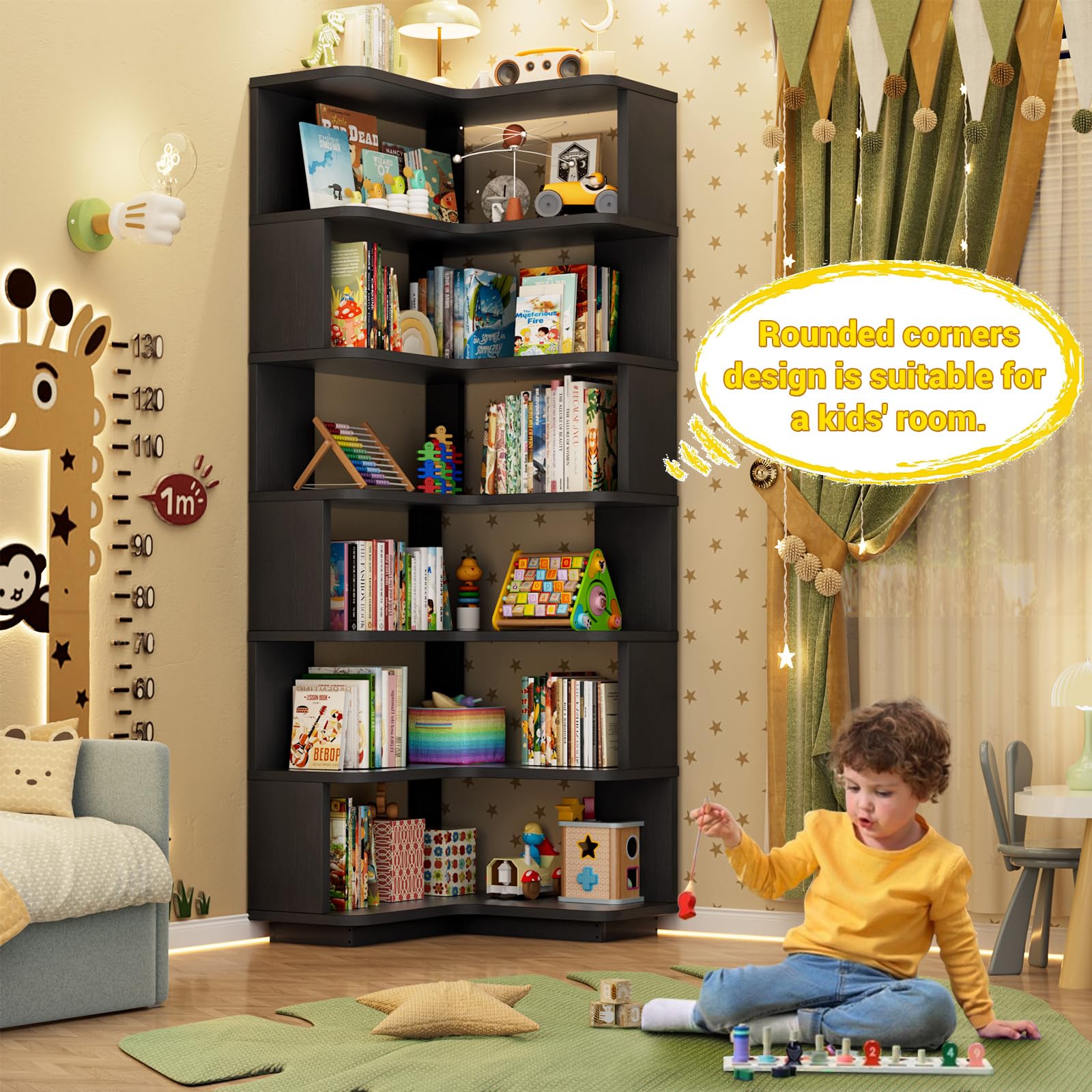 Corner Book Shelf, 7-Shelf L Shaped Corner Bookshelf with Baffle