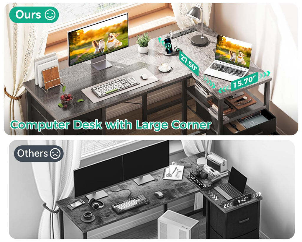 L Shaped Computer Desk with 6 Drawers & Power Outlet, 55 Inch Corner Desk with Reversible Storage Shelf & File Drawer, Home Office Desk, Grey Oak