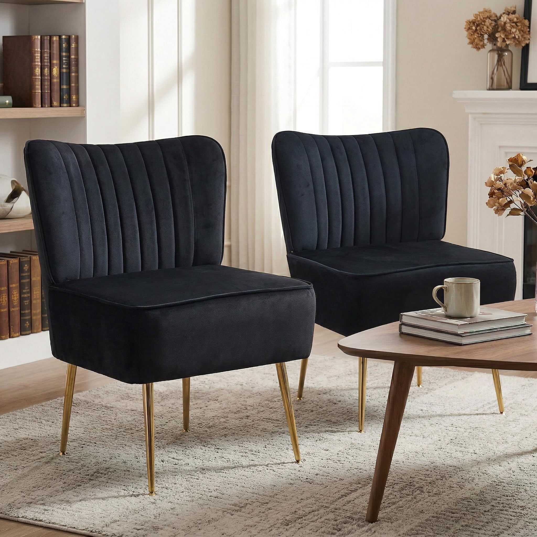 Modern Velvet Accent Chairs Set of 2, Comfy Slipper Chair with Heavy Duty Iron Frame & Gold Legs, Mid Century Side Sofa Chair for Living Room Bedroom Vanity(Black)