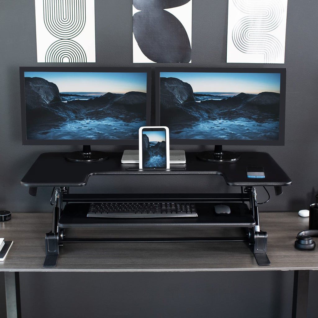42 inch Height Adjustable Stand Up Desk Converter, V Series, Quick Sit to Stand Tabletop Dual Monitor Riser Workstation, Black