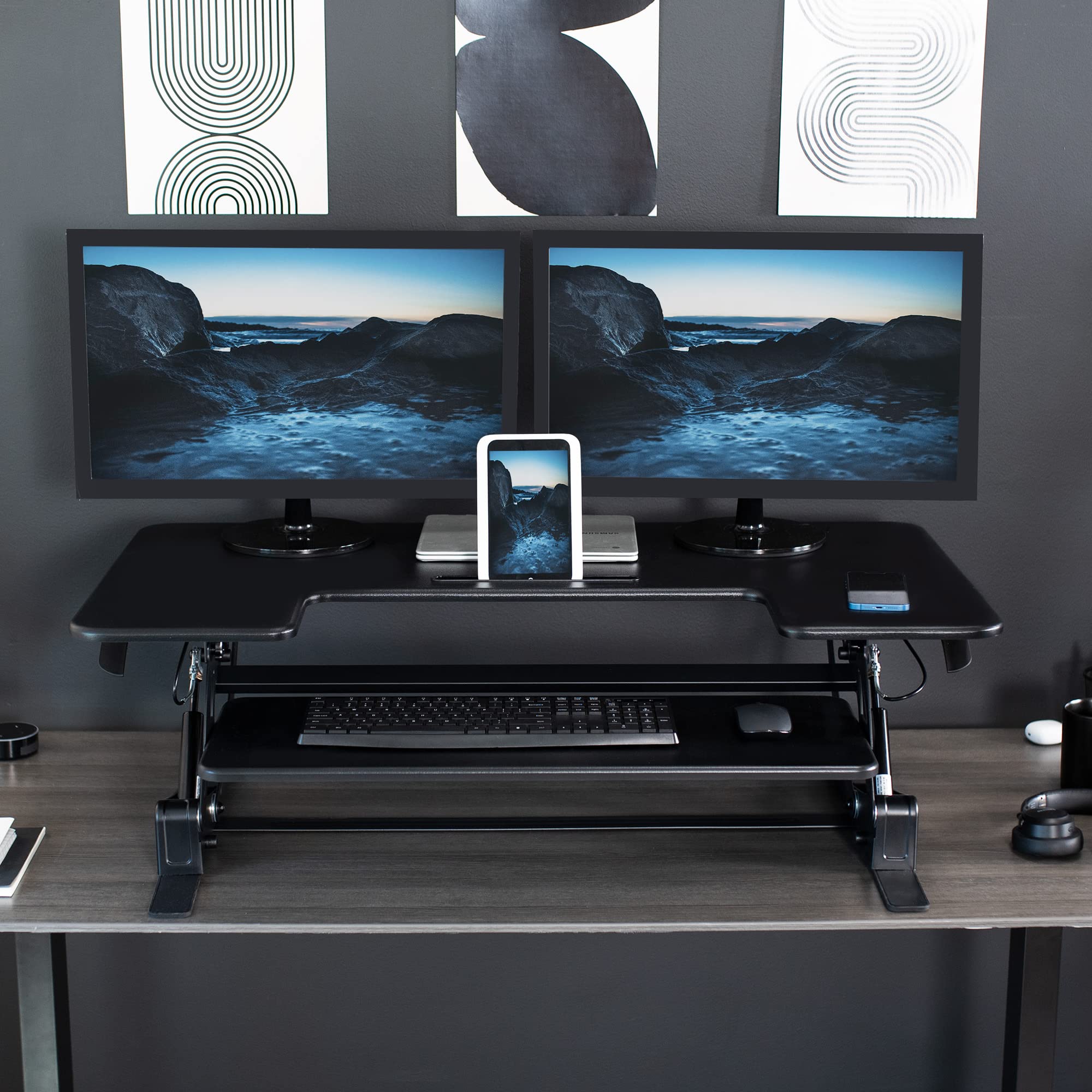 42 inch Height Adjustable Stand Up Desk Converter, V Series, Quick Sit to Stand Tabletop Dual Monitor Riser Workstation, Black