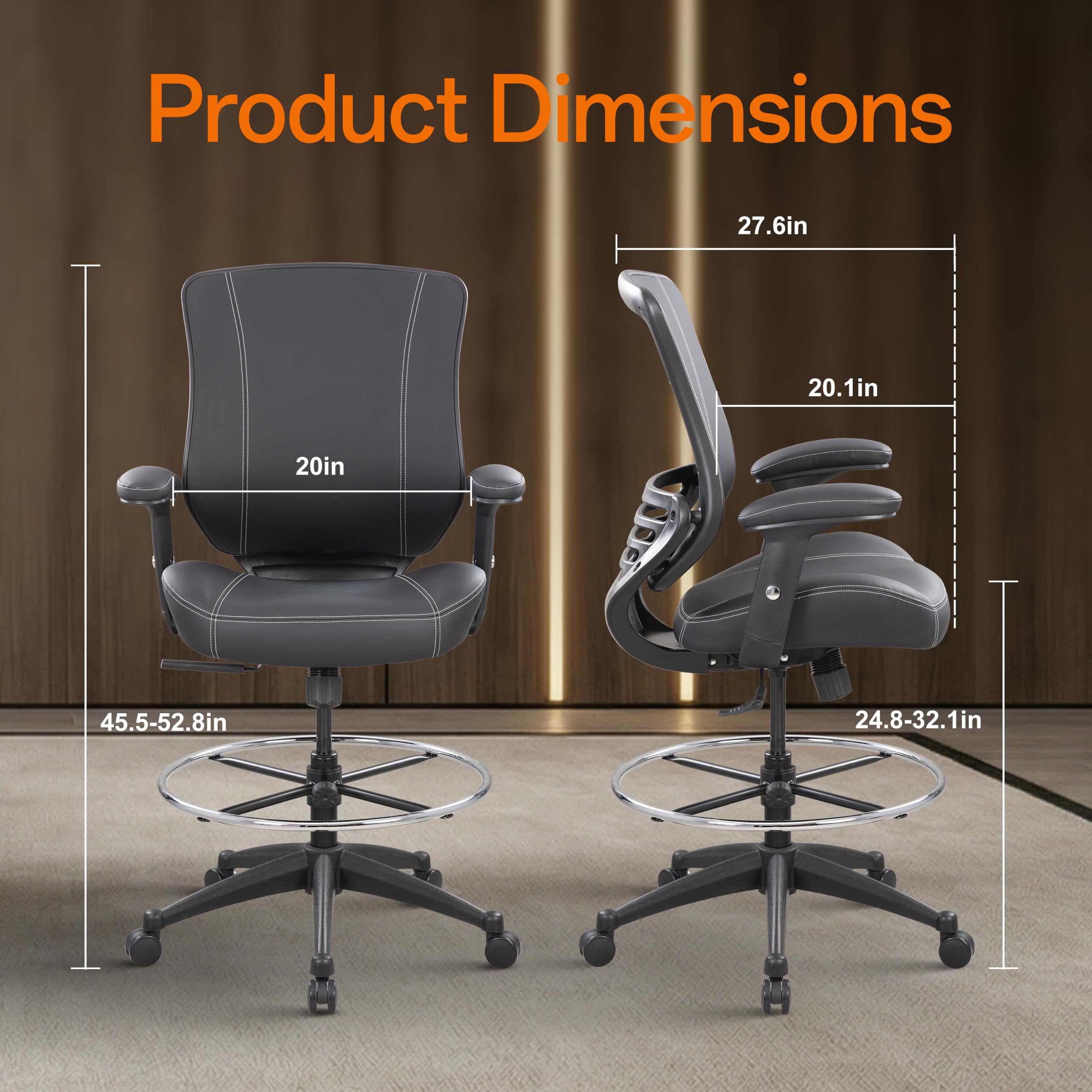 400lbs Mid Back Premium Leather Ergonomic Drafting Chair Office for Adjustable Desk Wide Chair Built-in Lumbar Support Adjustable Foot Ring Height Adjustable Armrest (Black Leather)