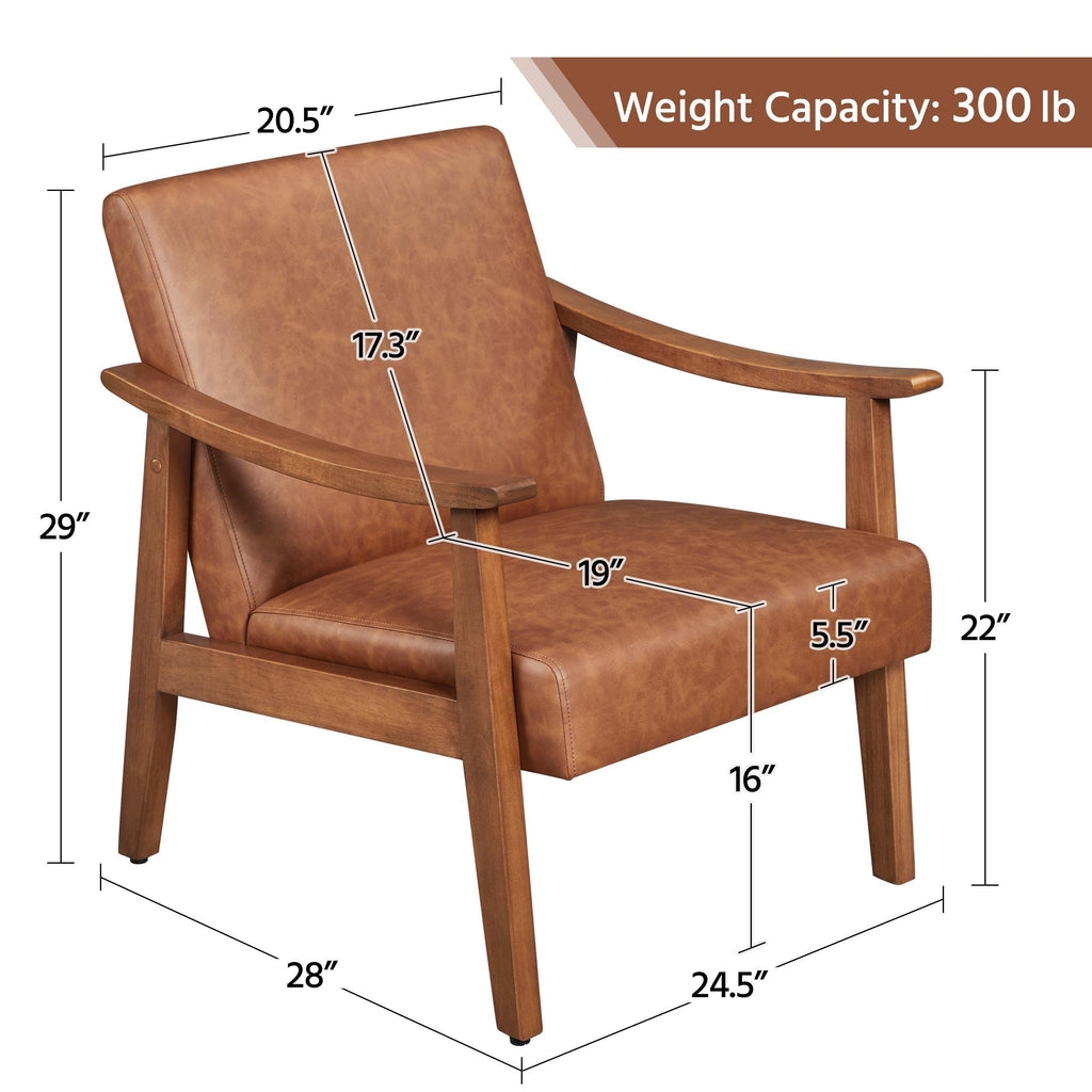 PU Leather Accent Chair, Mid-Century Modern Armchair with Solid Wood Legs, Reading Leisure Chair with High Back for Living Room Bedroom Waiting Room, Light Brown
