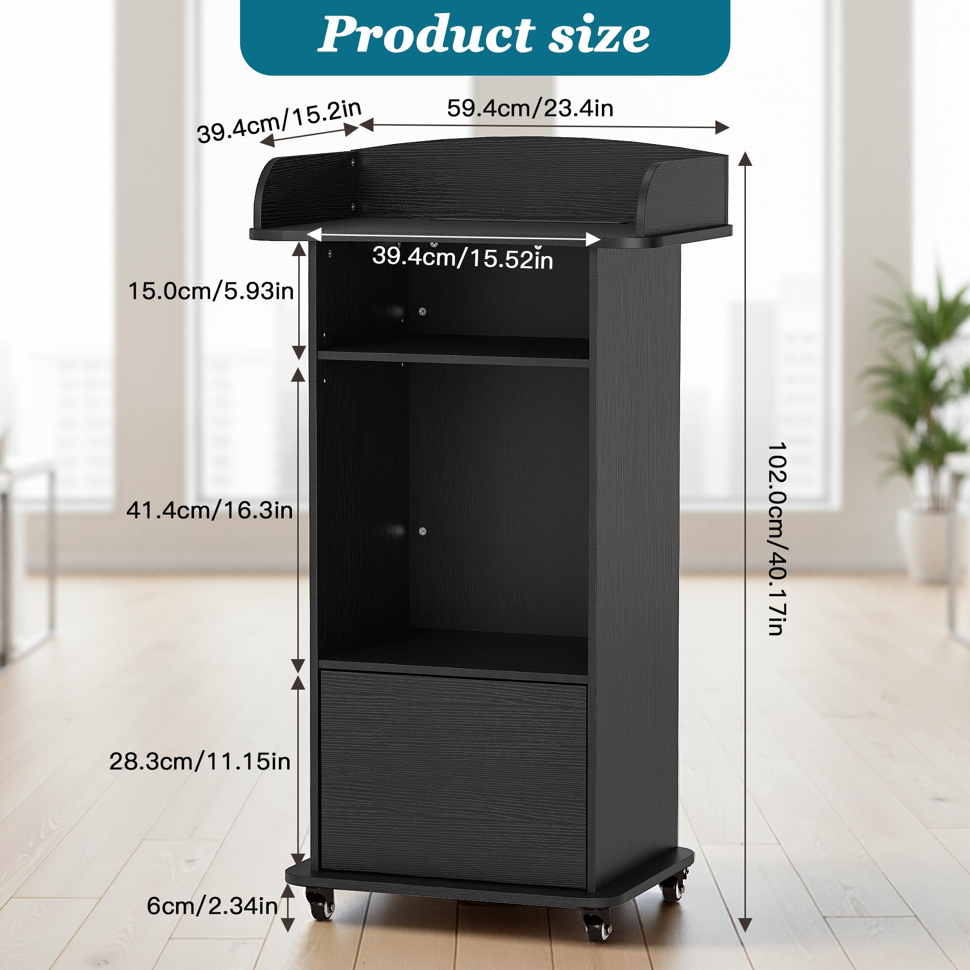 Podium Stand with Metal Wheels Wooden Lectern Podium Stand Portable Pulpit Standing with Storage Mobile Reception Podiums Desk for Church Office School Conference Restaurant Meeting, Black