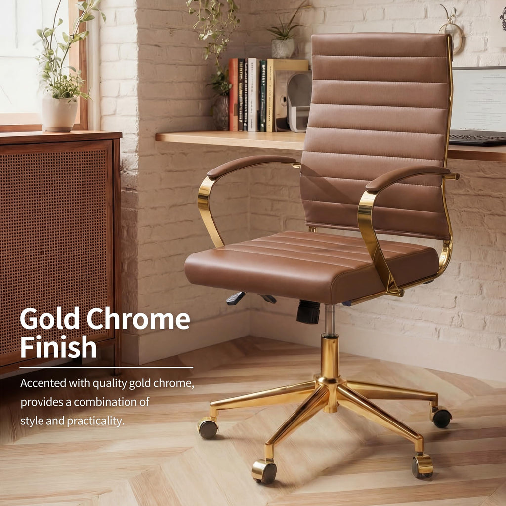 Gold Office Desk Chair, Ergonomic Leather Modern Conference Room Chairs, Executive Ribbed Height Adjustable Swivel Rolling Golden Chair for Home Office.